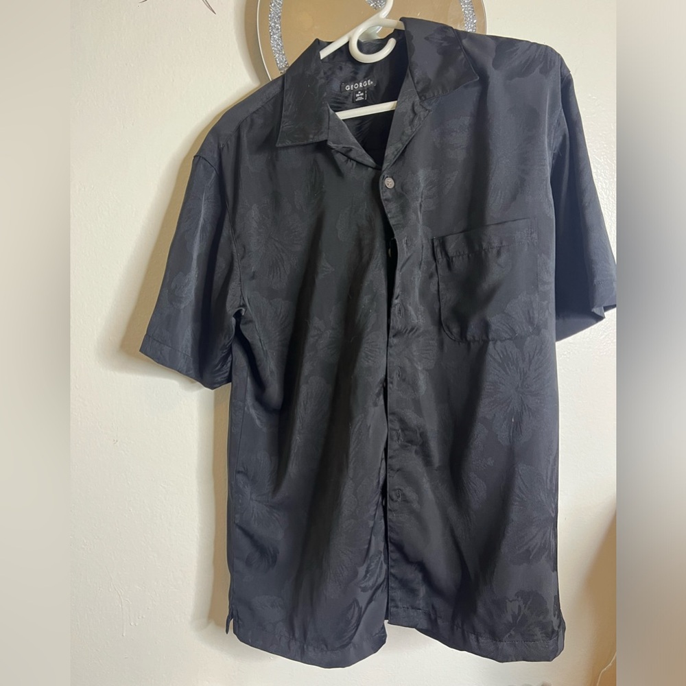 Black Hawaiian, Monochrome Flower Print Collared Short Sleeve Dress Shirt